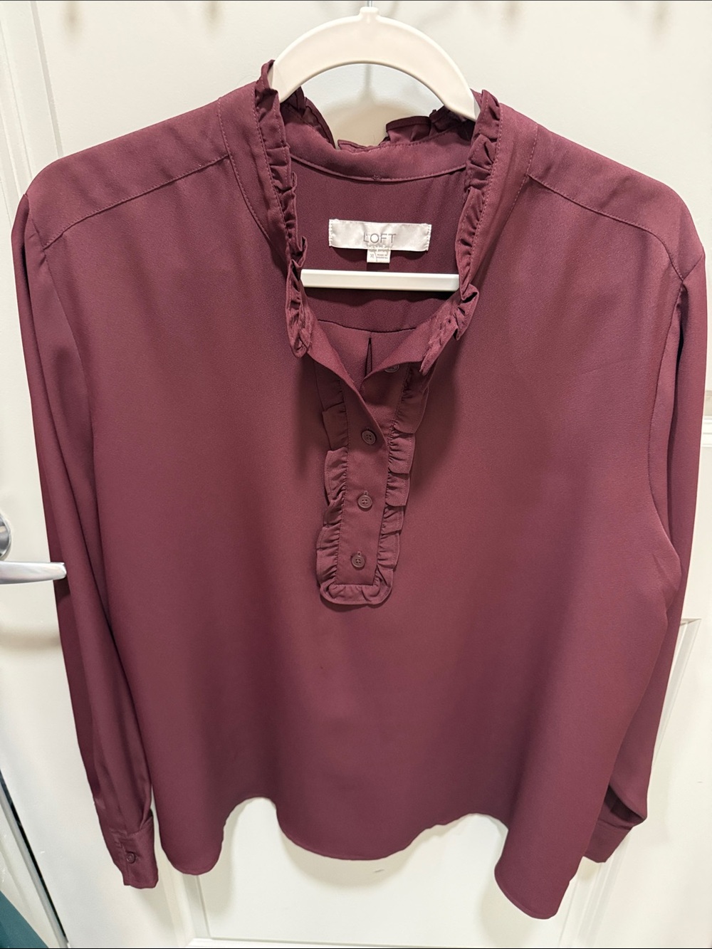 LOFT Women's Ruffle Henley Blouse - Dark Burgundy